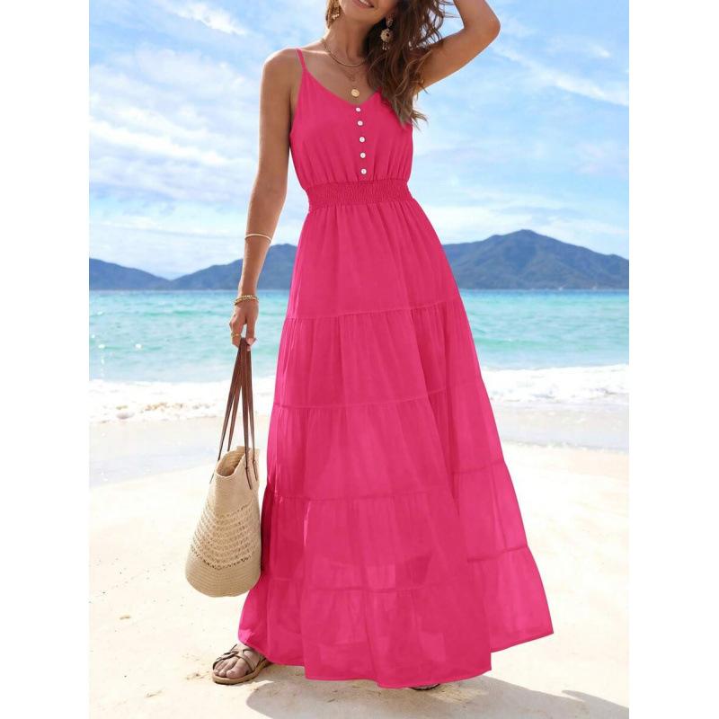 Europe, America 2026 Summer New Simple High Waist and Thin Casual Beach Vacation Suspender Dress