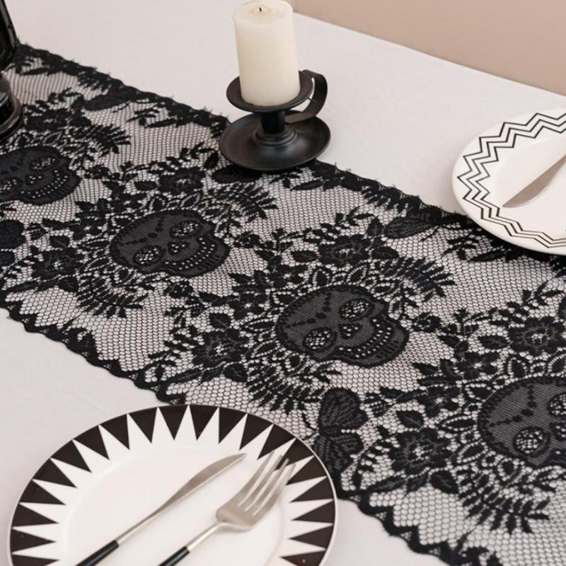 Halloween Black Lace Table Runner Halloween Table Decoration Skull Soft Table Runner Holiday Party Decoration Table Flag