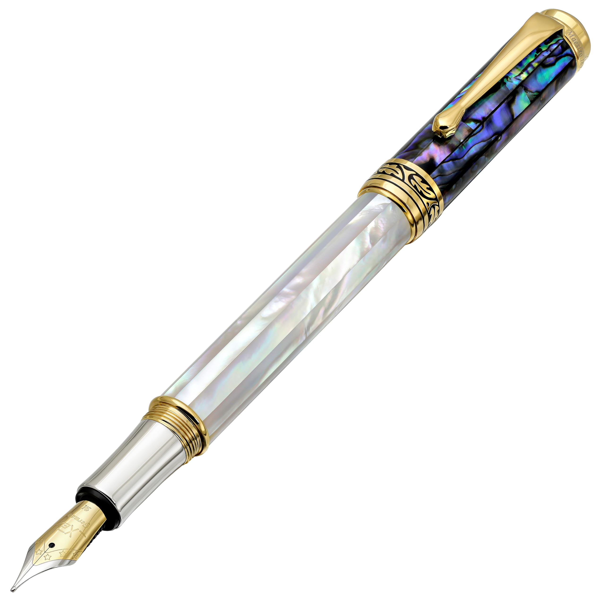 

Xezo Maestro fountain pen with medium Made of nacre and iridescent abalone shell of marine Plated in 18K gold and pure Every piece is nib. origin.