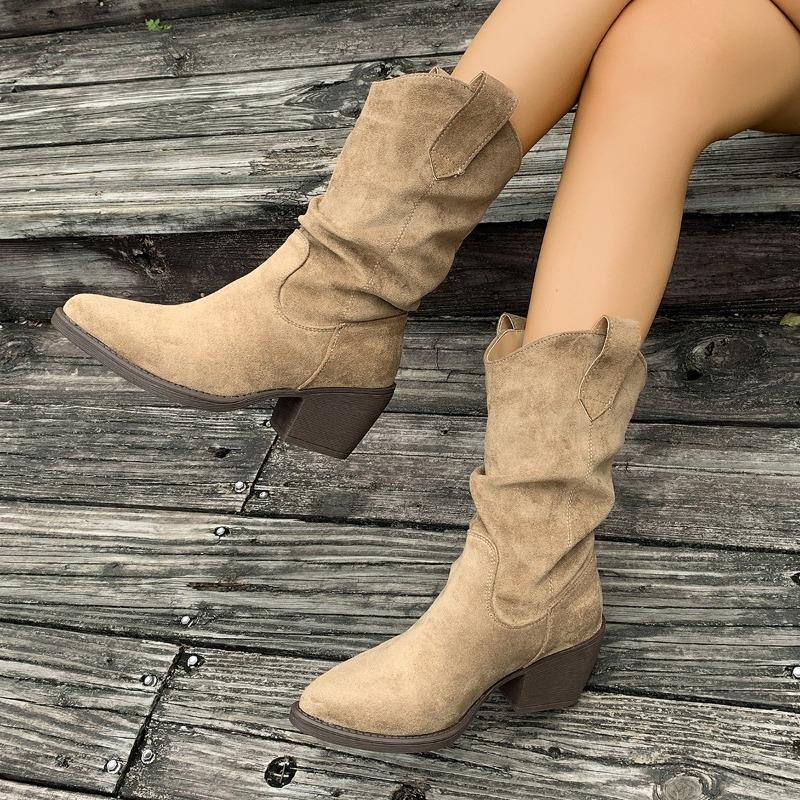 Women's Western Style Pointed Toe Booties Large Size Chunky Heel French Vintage Short Boots Autumn Winter New Arrival