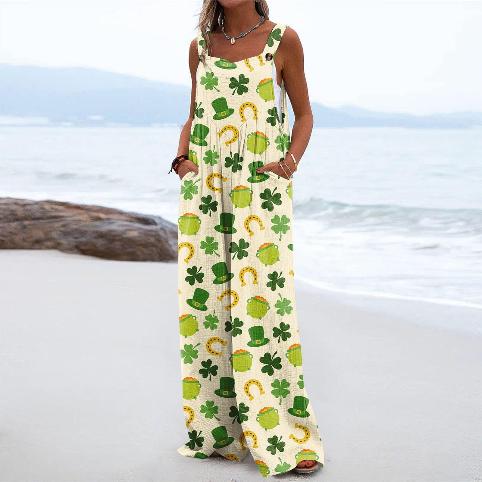 

Широкі комбінезони для жінок. Повсякденні вільні комбінезони без рукавів St. Комбінезон із довгими брюками та кишенями з принтом до Дня Святого Святого Патріка XL жовтий