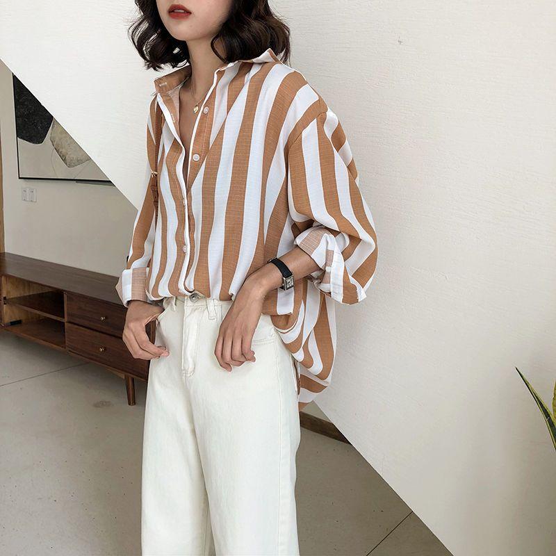 Spring Autumn Striped Printed Long Sleeve Shirt Women Loose Casual Blouse Female Elegant Fashion Buttuns Top