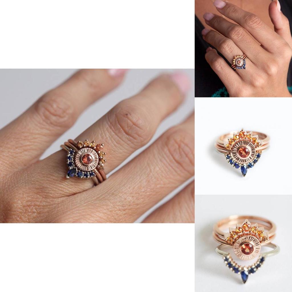 Elegant Rose Gold Three Piece Wedding Ring Set With Geometric Design For Women
