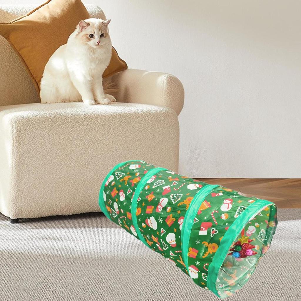 Cat Tunnel Maze with Christmas Ball, Foldable Tube for Indoor Play