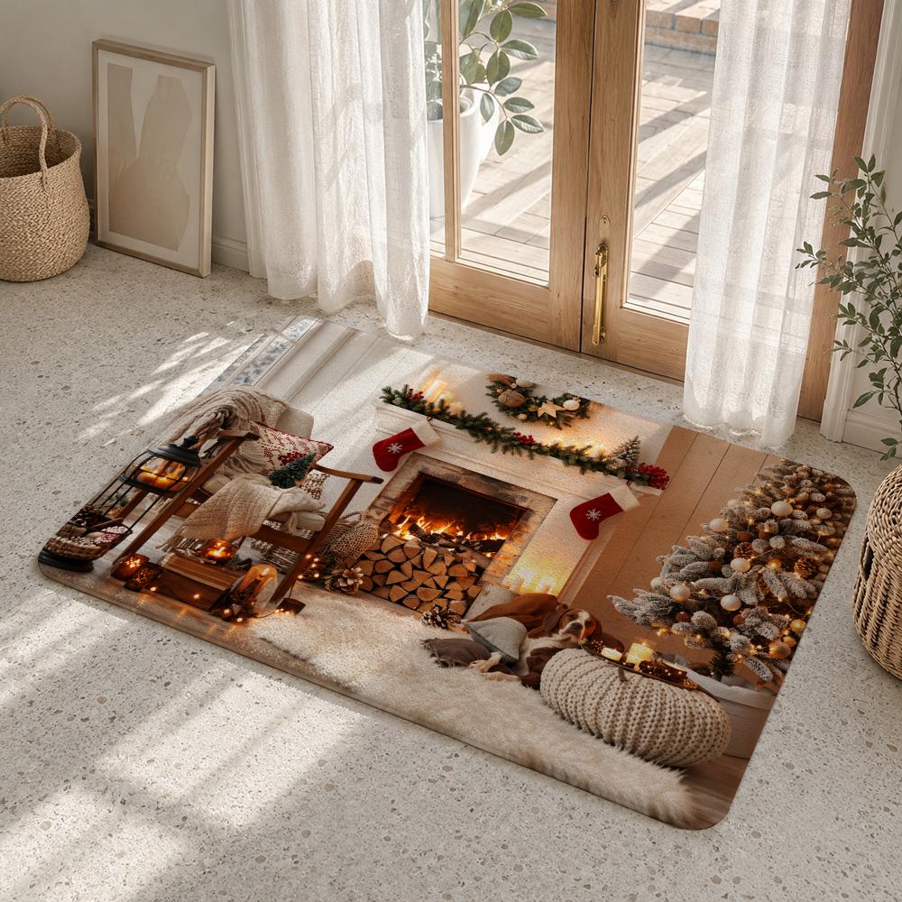 Christmas Fireplace Interior Scene Floor Mat Flannel Rug Soft Non Slip Washable Door Mat For Bathroom Bedroom Kitchen Home Decor