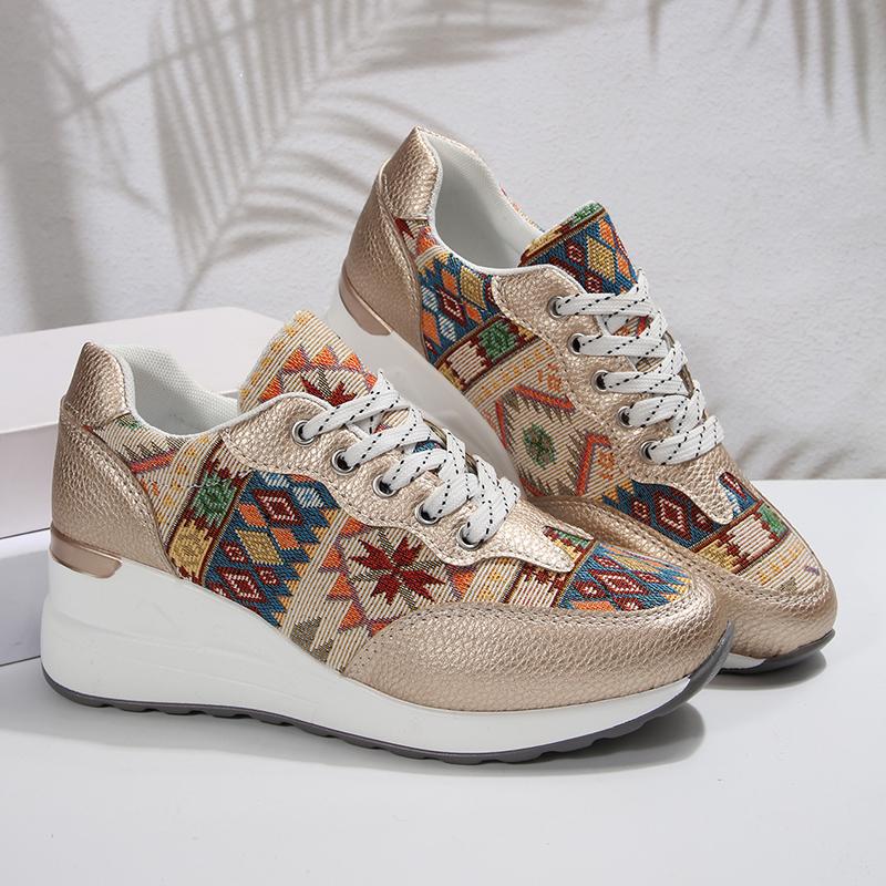 Bohemian Style Wedge Heel Sneakers Women Autumn 2025 Geometric Pattern Casual Sports Shoes Woman Lightweight Platform Sneakers