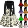 Halloween Print Flare Dress For Women Long Sleeve Dress Hollow Party Casual Dresses
