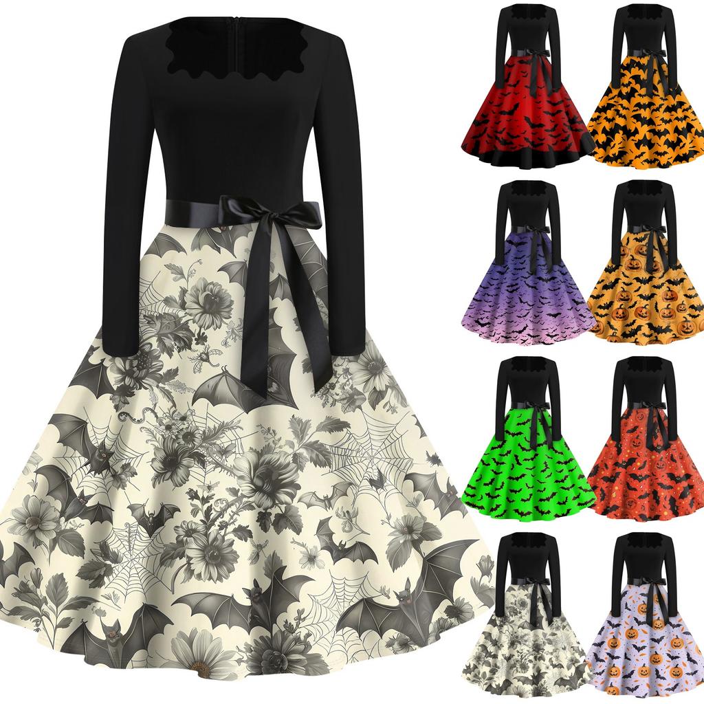 Halloween Print Flare Dress For Women Long Sleeve Dress Hollow Party Casual Dresses