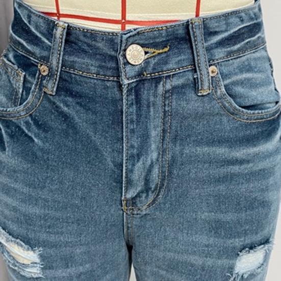 Damen Jeans mit Taschen Hohe Taille Zerrissen Einfarbig Hose in voller Länge