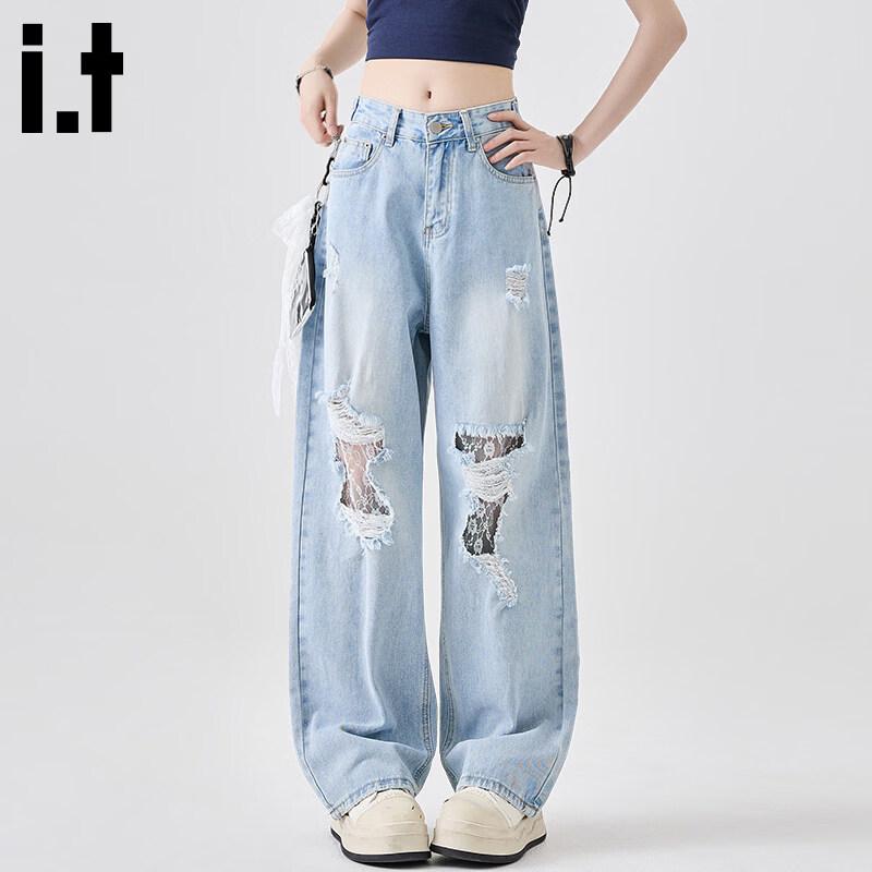 CHOCOOLATEit Women s High-Waist Ripped Loose Wide-Leg Jeans L