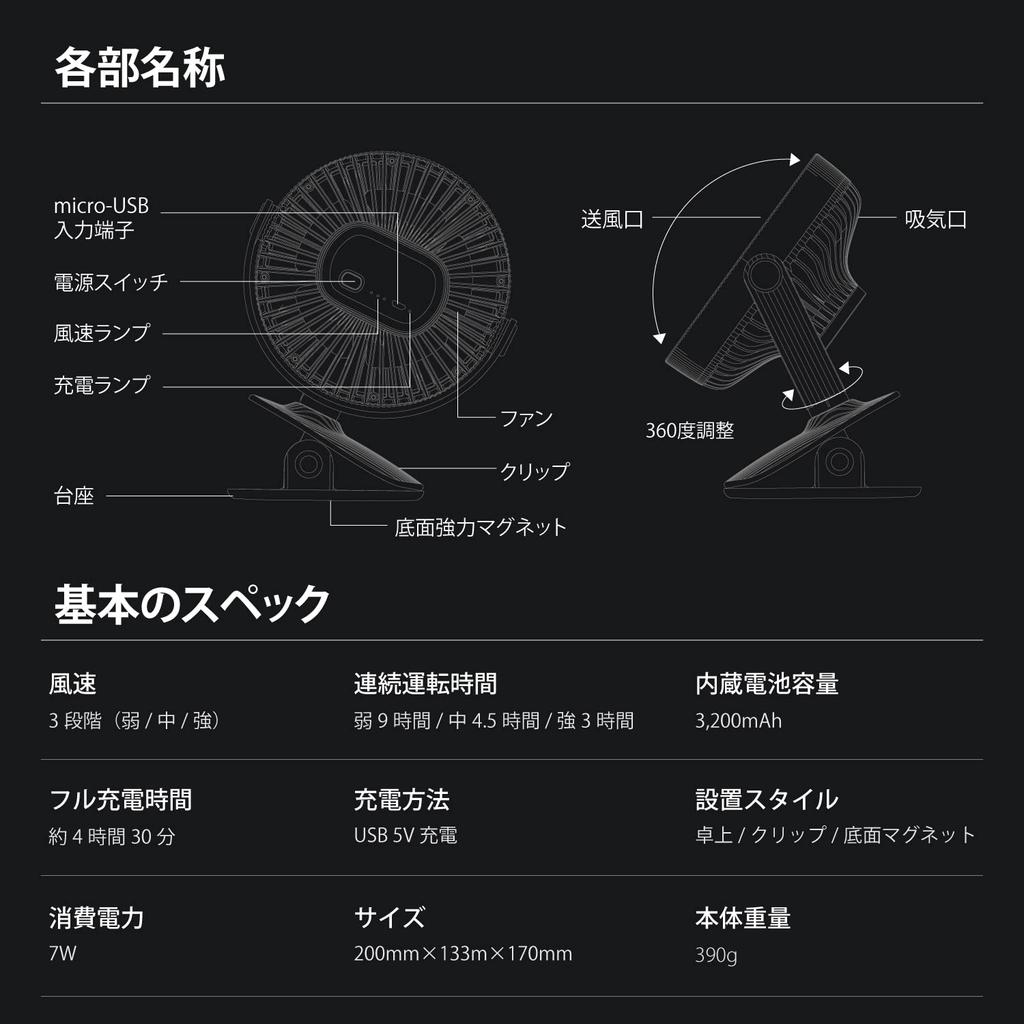 LACITA ENERFAN Portable Magnetic Desk Fan with USB Rechargeable Manual Oscillation Clip-On 360-Degree