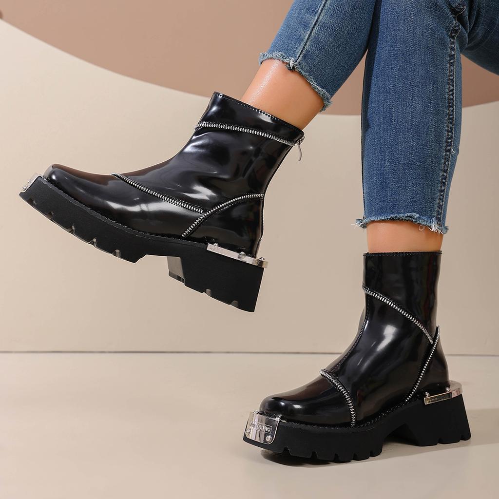 Scarpe Femminili 2025 Alta Qualità Zip Stivali da Donna Primavera Punta Rotonda Tinta Unita Gambale Corto Tacco Medio Impermeabili Stivali Britannici Zapatos