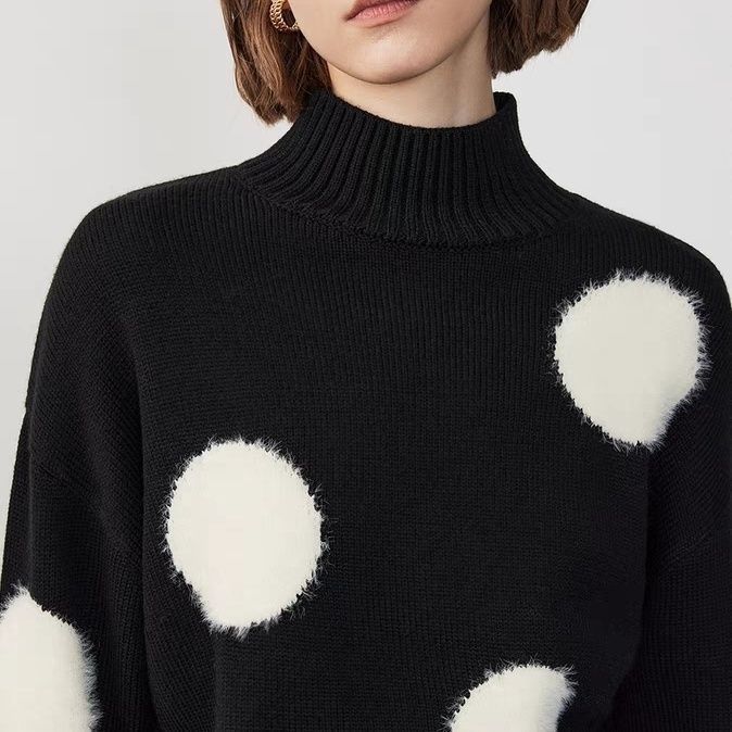 YYFS Women's Fashion Casual Fall Winter Polka Dot Print Long Sleeve Half Turtleneck Sweaters
