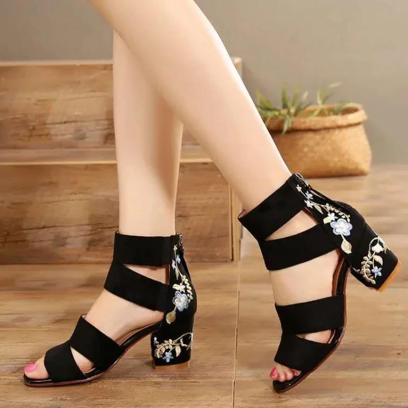With Medium Heels Chic and Elegant Woman Shoes Zip Sandals for Women Luxury Summer Vintage Anti Slip Hot On Sale 2024 Trend