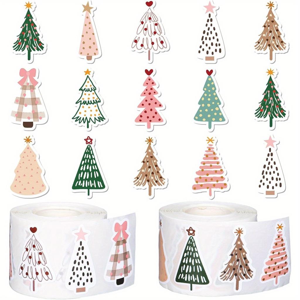 500pcs Christmas Boho Stickers - Pastel Christmas Tree Decals with Pine Trees, Polka Dots, Floral Bows - Self-Adhesive