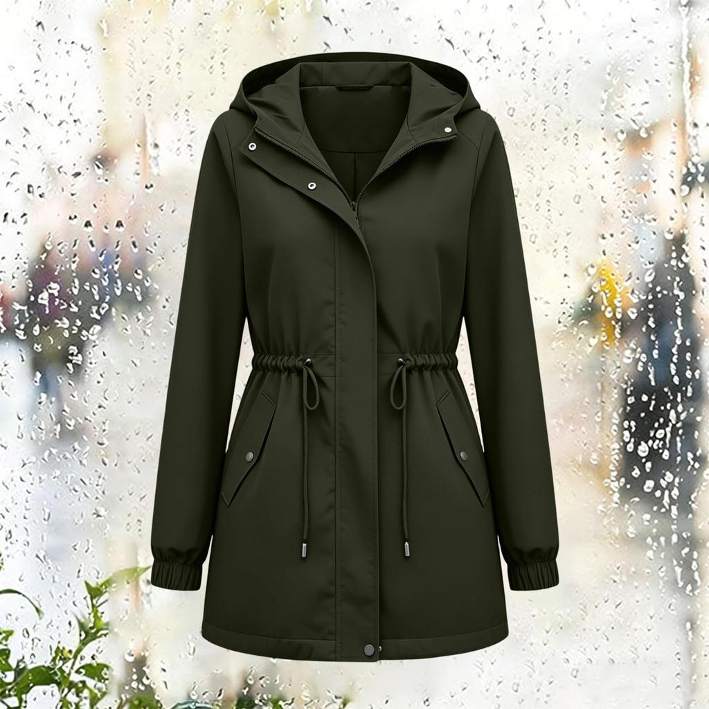 Damen Kapuzenjacke Mittellang Lässiger Lockerer Schnitt Windbreaker Mantel mit Verstellbarem Bundzug und Druckknopfleiste vorne