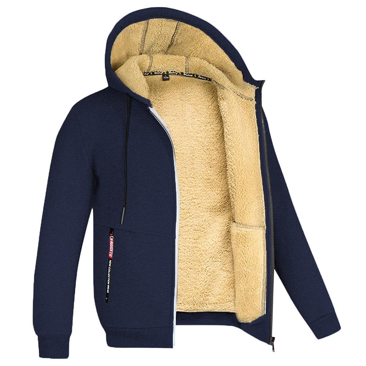 

Men s Lambskin Hooded Sweatshirt, 2026 Fall/Winter, Trendy Solid Color, Plus Velvet, Thickened Jacket S темно-синий