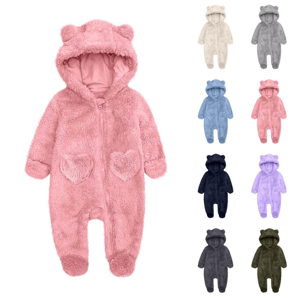 Baby Plush Warm One-Piece Bear Hooded Zipper Children's Solid Color Sleepsuit