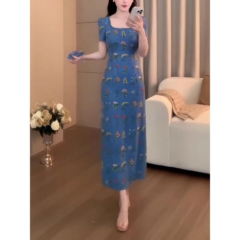 Fashion Square Collar Flower Design Embroidery Back Tail Split Fork Long Dress Girl Summer New Waist Long Dress Woman