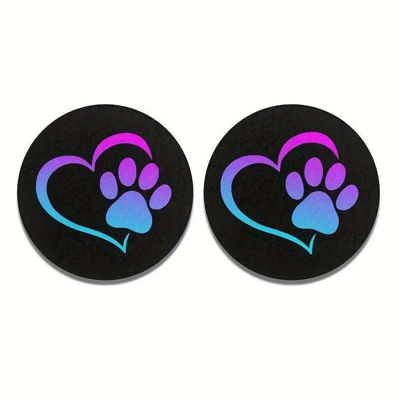 

2Pcs Love Paw Print Car Coasters Circular Universal Drink Cup Mat Car Interior Decoration Accessories