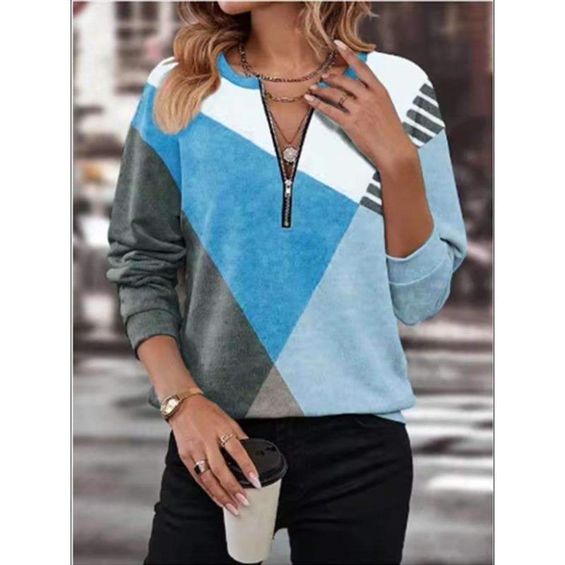 T-shirt da Donna a Maniche Lunghe con Zip e Scollo a V Stampata Color Block Moda High Street Elegante Stile da Pendolare Top Autunnale