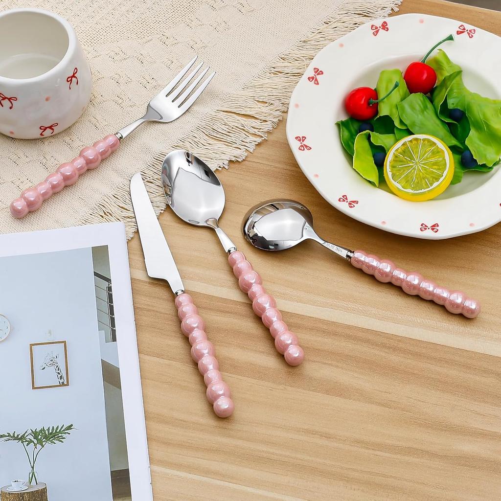 4-Piece Cutlery Set, Stainless Steel Flatware Sets with Chubby Bubble Pattern Ceramic Handle Utensils Including Knife Fork Spoon