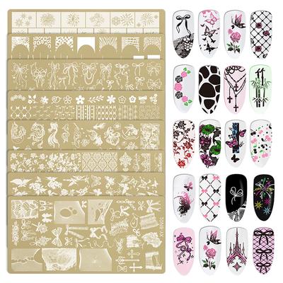 12X6Cm Goldene Rechteckige Nagelstempelplatten Schleife Schmetterling Blume Feuerwerk Designs Nagelkunst Vorlage Für DIY Nageldekor
