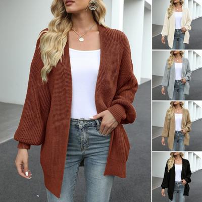 Women Sweater Coat Collarless Lantern Long Sleeve Open Front Knitting Coat Solid Color Loose Fit