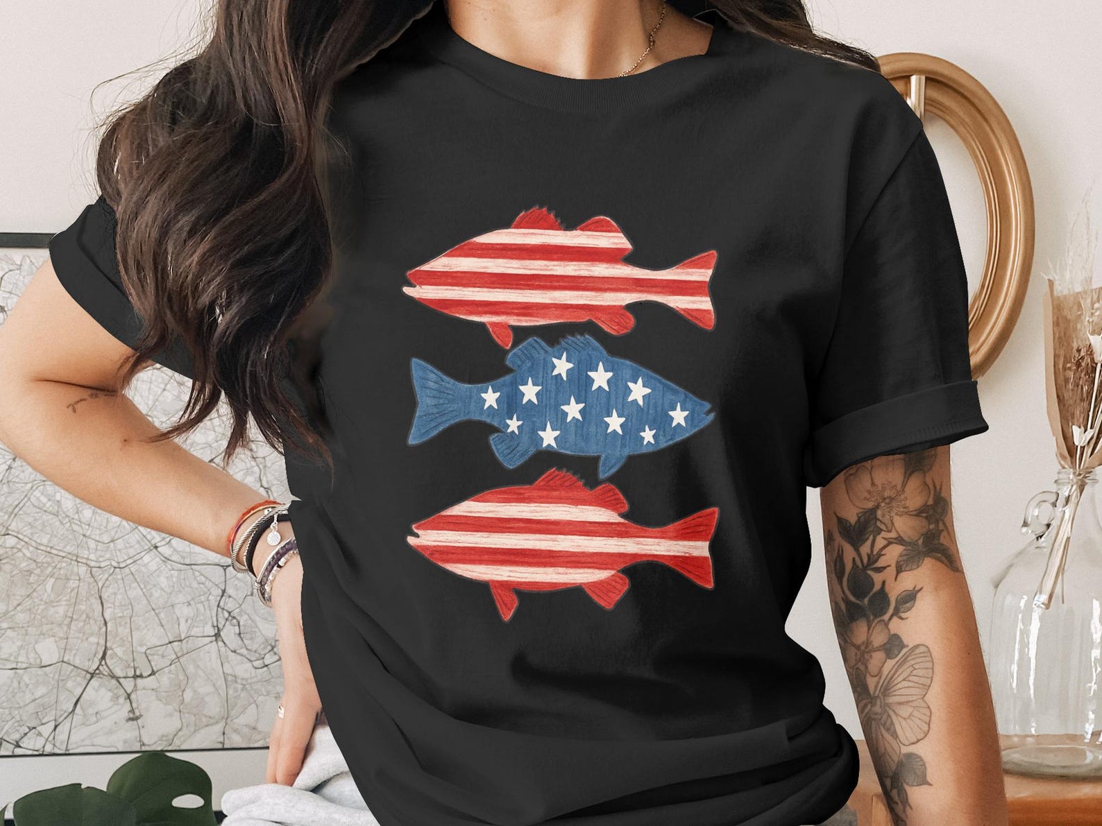 Patriotic Fishing T-Shirt, American Flag Fish Graphic Tee, USA Bass Fishing Shirt, Fourth of July Angler Apparel, Lake Life Gift 3XL