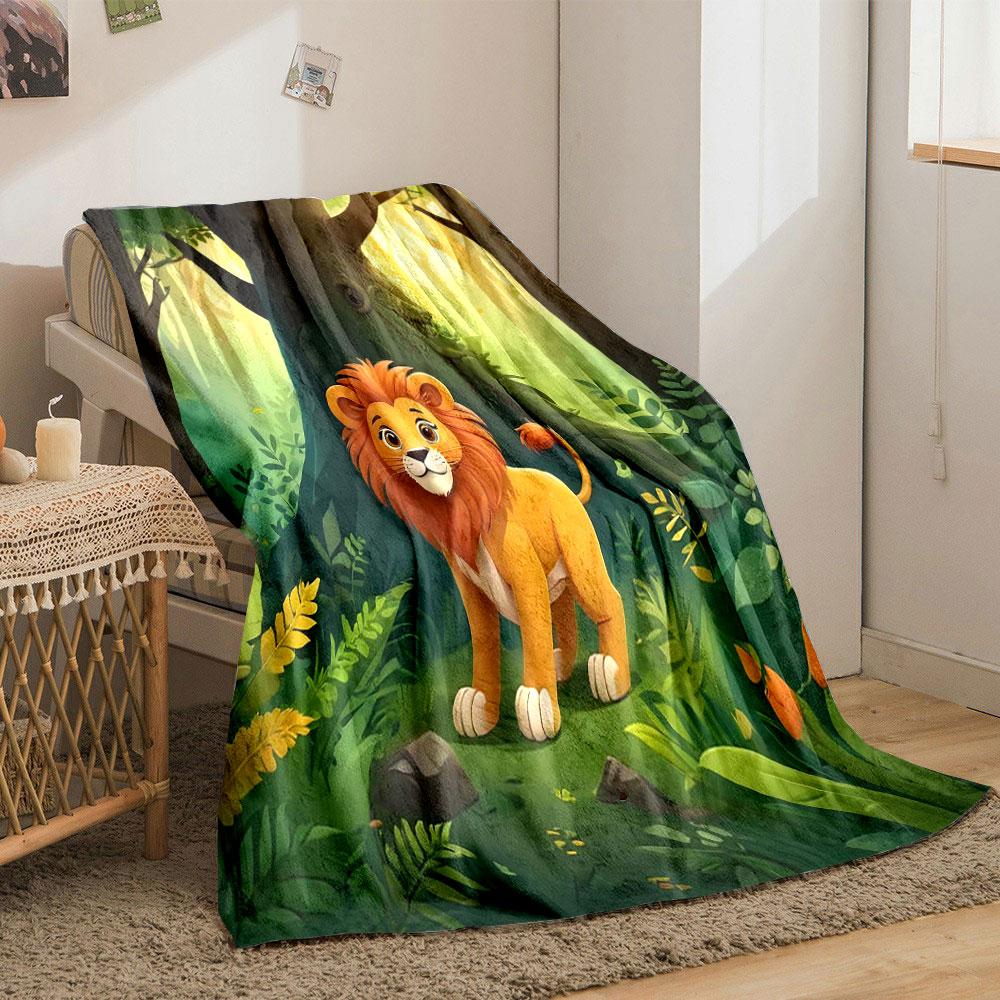 Cartoon Lion in Enchanted Forest print blanket soft and cozy perfect for the living room bed sofa or a nap,gift
