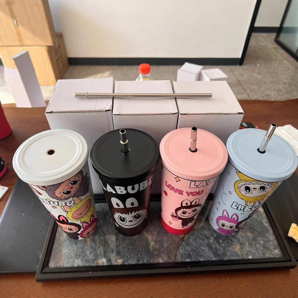 Labubu Car Cup 304 Stainless Steel Large-capacity Handle Straw Thermos Cup Car Cold Ice Cup