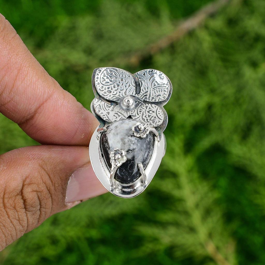 925 Silver Orthoceras Fossil Stone Art Deco Flower Promise Daughter Ring Jewelry