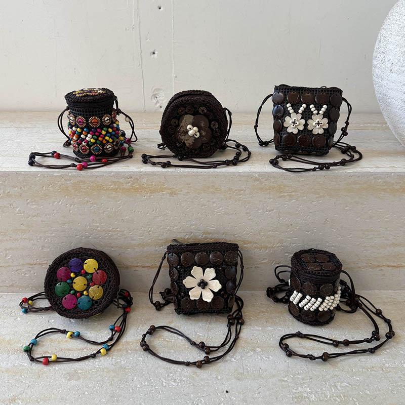 All-match Cloth Ethnic Style Crossbody Bag Coconut Shell Retro Handmade Weave Bag Geometric Handbag Bohemian Shoulder Bag Women
