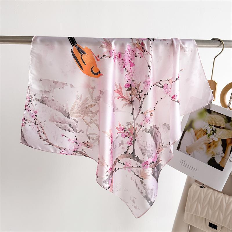 Flowers Birds Print Shawl Square Scarf for Women Satin Fashion Wraps Neckerchief Female Hair Bands Ribbon Headband Bandana