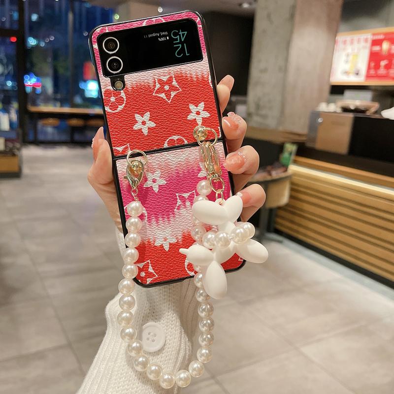 Custodia a cuore di lusso con fiocco in strass 3D con braccialetto di perle per Samsung Galaxy Z Flip 3 Z fold 4 Z Flip 5 Cover per Huawei P50 Pocket / oppo find N2