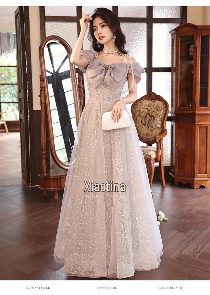 Graues Neckholder-Abendkleid - Damen 2026 Neuer Stil: Luxuriöses Bankettkleid für Zeremonien, Gesangsprüfungen