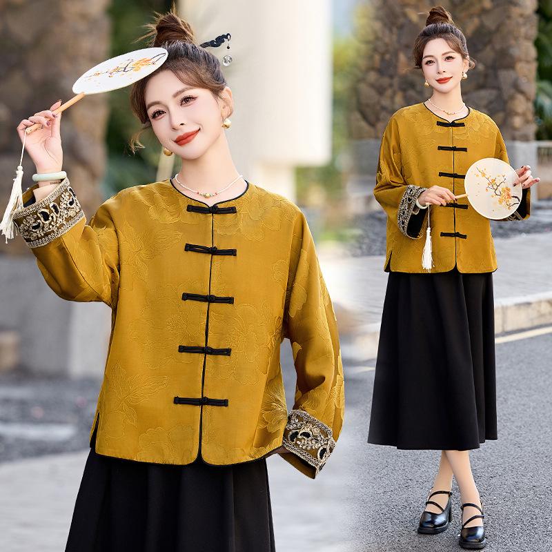 2025 Early Spring Chinese Jacquard Round Neck Frog Button Coat AH66606