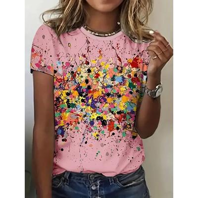 Sommer Rundhals 3D Buntes Canvas Bedrucktes Top Modische Lässige Kurzarm Damen T-Shirts