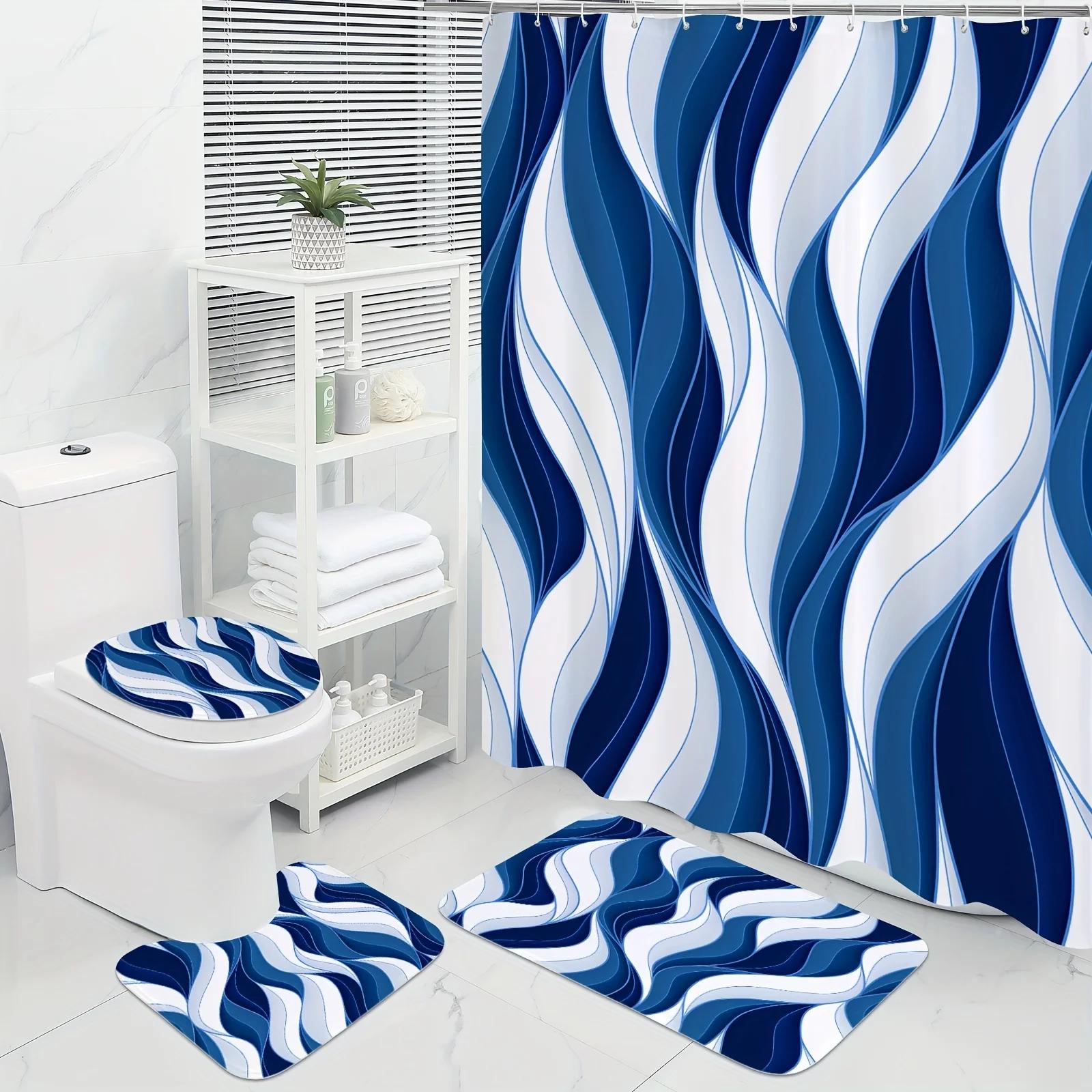 

Navy Blue And White Wavy Shower Curtain Set With 12 Hooks - Waterproof, Non-Slip Bathroom Rug, Toilet U-Shape Mat, Toilet Lid Co W60H190(CM)-1 Pcs