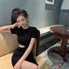 Sexy Waist Slim Short-sleeved Dress Women's Summer Dress New Solid Color High Waist Pleated Hip-wrapped Short Skirt Women's Clothing