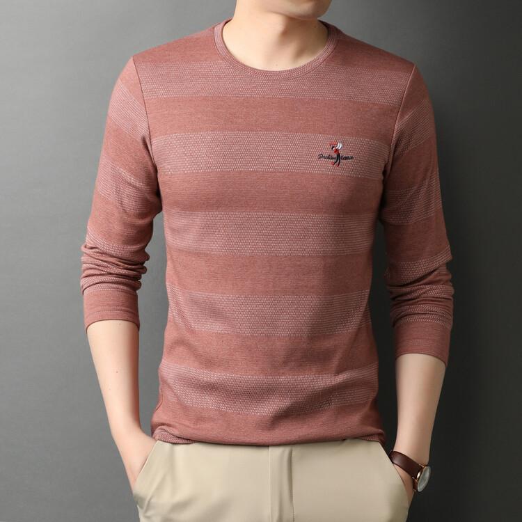 Spring New Embroidered Men's Long-sleeved T-shirt Round Neck Striped Korean Style Fashionable Men's Bottoming Shirt Trendy Tops