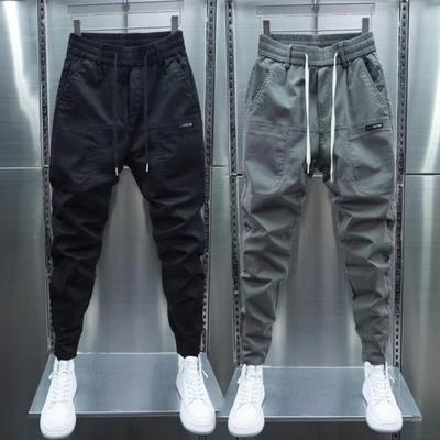 Men Cargo Pants Loose Ankle-banded Drawstring Elastic Waist Solid Color Multi Pockets Fitness