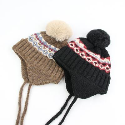 Vintage Fair Isle Hut Damen Herbst und Winter Großer Kopfumfang Wollhut Warmer Gehörschutz Kleiner Strickhut