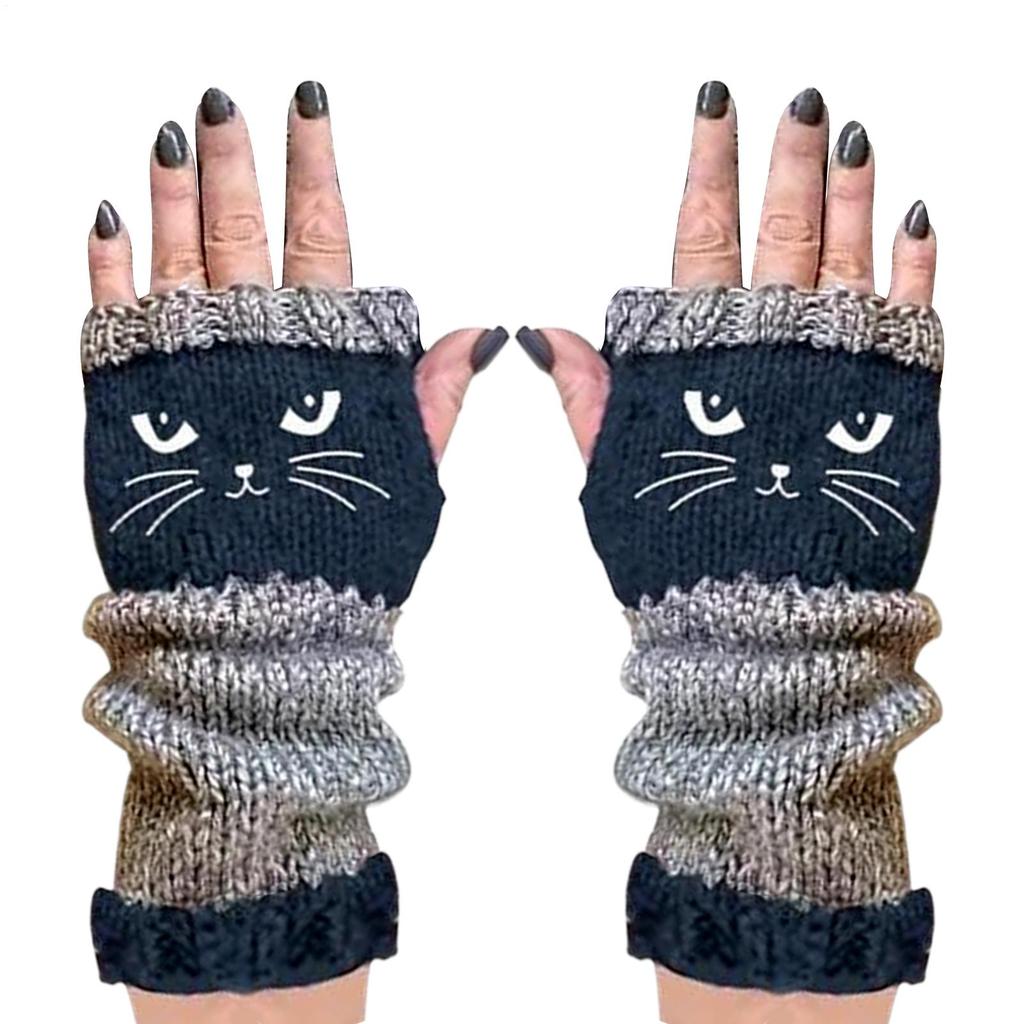 Knit Fingerless Gloves Cat Embroidery Outdoor Warming Supplies Warm Open Finger Gloves for Cat Lovers Women Girls Ladies Mothers