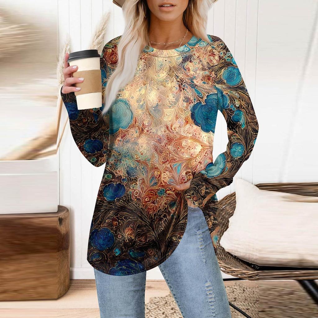 Dame Oversized Genser Grafisk Genser Langermet Drop Shoulder Rund Hals Topper Vintage Klær