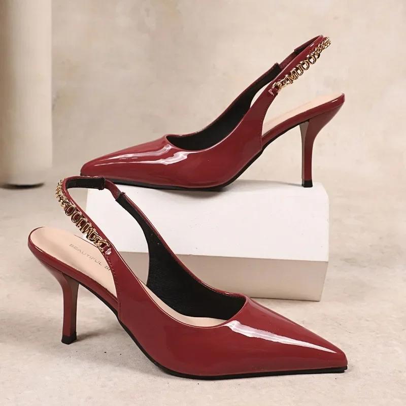 Fashion New Style Summer French Wine Red Pointed Patent Leather Mid-heel Overhead Sandals for Women Retro Skinny Heel Back Empty Shoes