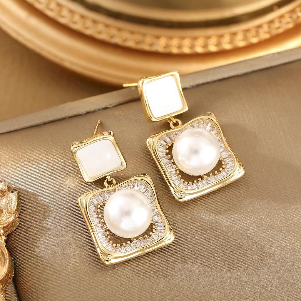 Retro Geometric Square Pearl Zirconia Earrings - Elegant Fashion Drops