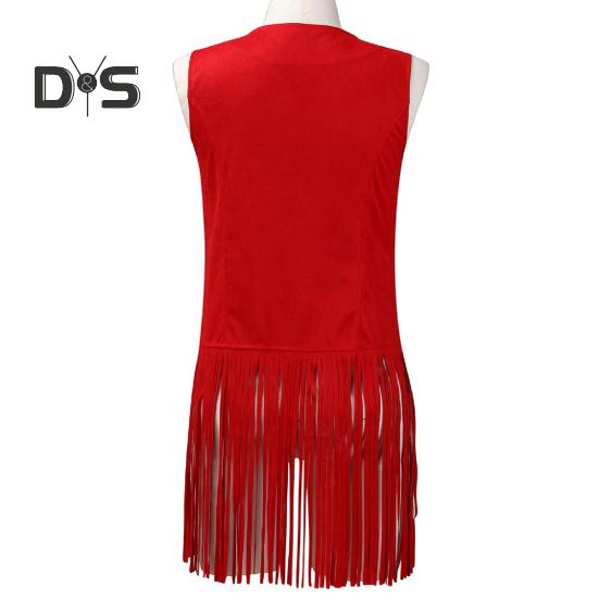Women Cardigan Tassel Fringed Solid Color Open Stitch Vintage Western Cowboy Cosplay Hippie Sleeveless Stage Performance Role Play Lady Waistcoat