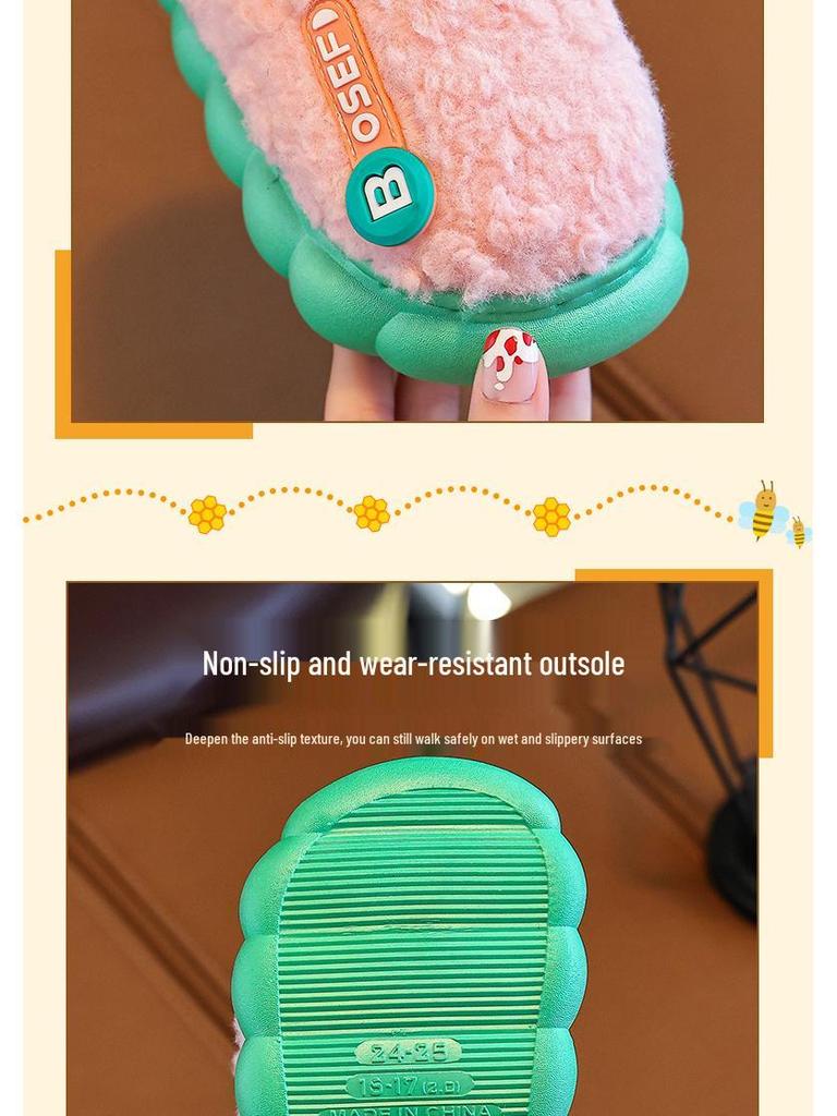 Children's Furry Cotton Slippers for Boys & Girls - Cozy Indoor Shoes for Baby & Parent, Ideal for Autumn & Winter.