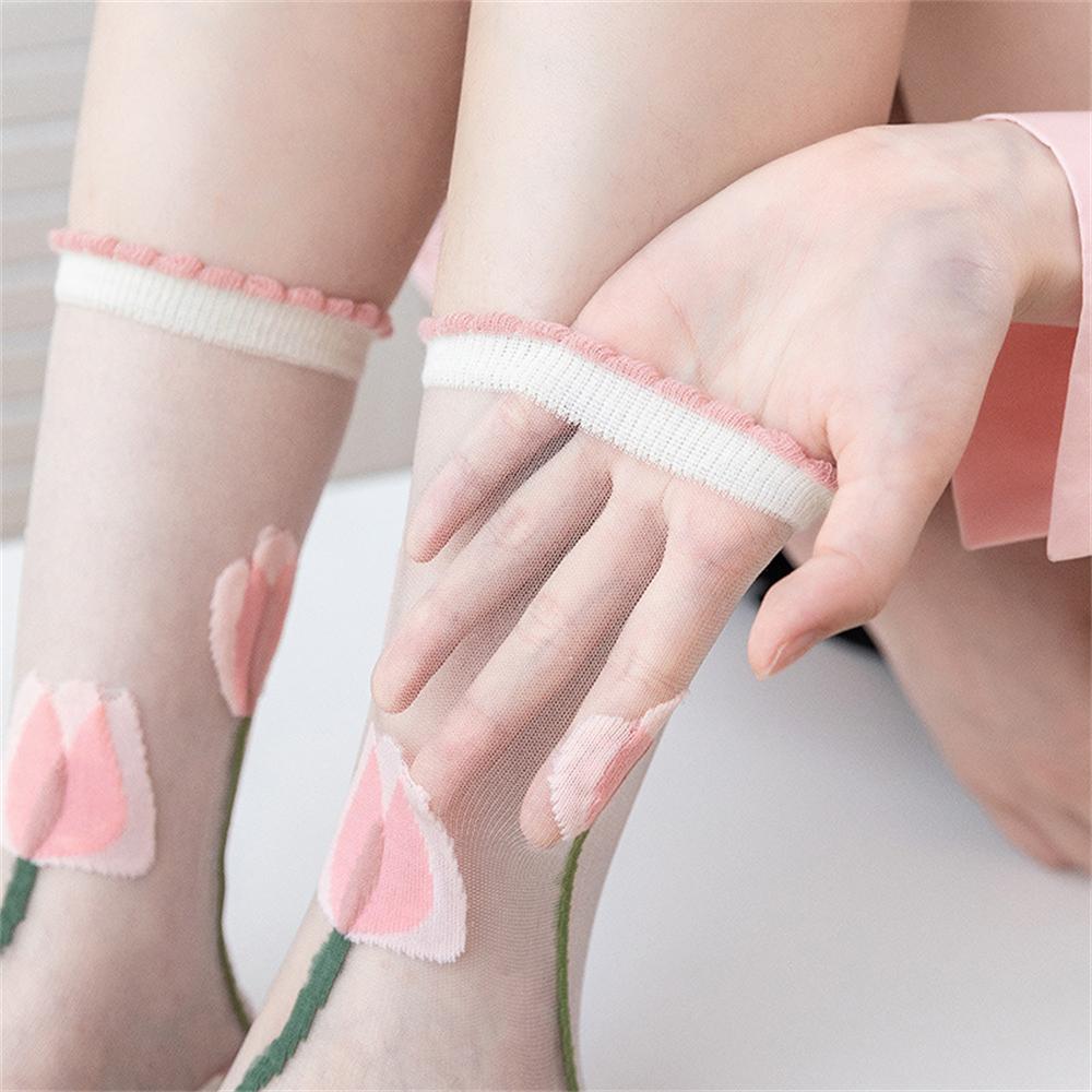 New Women's Fashion Summer Breathable Ultra Thin Tulip Fairy Style Transparent Crystal Glass Silk Cotton Soft Socks